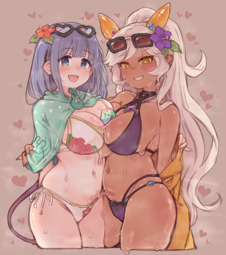 2girls, 7010, :d, arms_behind_back, bikini, blue_eyes, blue_hair, blush, breast_press, bright_pupils, brown_background, capelet, commentary_request, cowboy_shot, criss-cross_halter, cropped_legs, dark-skinned_female, dark_skin, dot_nose, eyewear_on_head, floral_print, grin, hair_ornament, halterneck, happy, heart, jewelry, long_hair, looking_at_viewer, medium_hair, midriff, misora_(princess_connect!), multi-strapped_bikini_bottom, multiple_girls, navel, nea_(princess_connect!), nea_(summer)_(princess_connect!), open_mouth, ponytail, princess_connect!, purple_bikini, side-tie_bikini_bottom, simple_background, skindentation, smile, standing, steam, sunglasses, sweat, swimsuit, symmetrical_docking, tail, very_long_hair, white_bikini, white_hair, white_pupils, yellow_eyes, yuri