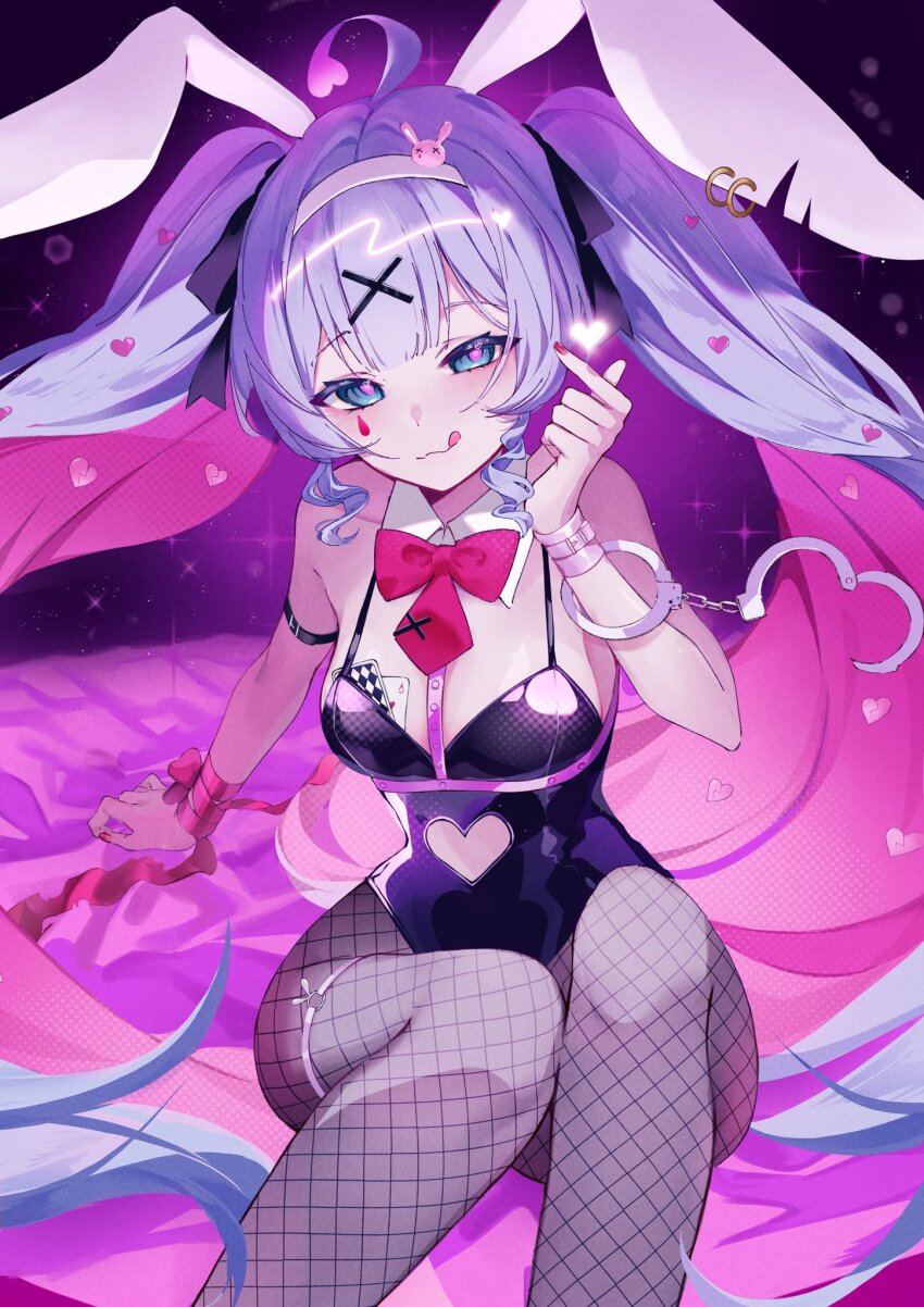 1girl, :3, :q, ace_(playing_card), ace_of_hearts, animal_ears, arm_ribbon, bare_shoulders, black_leotard, blue_eyes, blue_hair, bow, bowtie, card, closed_mouth, clothing_cutout, colored_inner_hair, commentary_request, cuffs, cutout_above_navel, detached_collar, drill_hair, drill_sidelocks, facial_mark, fake_animal_ears, feet_out_of_frame, fishnet_pantyhose, fishnets, hair_ornament, hand_up, handcuffs, hatsune_miku, heart, heart_cutout, highres, knees_up, leotard, long_hair, looking_at_viewer, multicolored_hair, murumuru_(pixiv51689952), object_in_bra, pantyhose, pink_bow, pink_bowtie, pink_hair, pink_nails, pink_pupils, pink_ribbon, playboy_bunny, playing_card, rabbit_ears, rabbit_hair_ornament, rabbit_hole_(vocaloid), ribbon, sidelocks, sitting, solo, teardrop_facial_mark, tongue, tongue_out, twintails, very_long_hair, vocaloid, x_hair_ornament