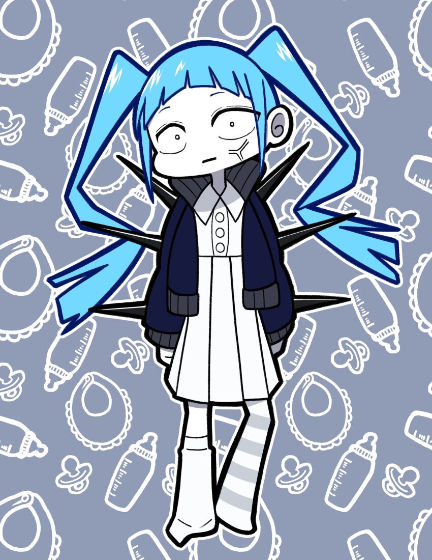 1girl, ado_(utaite), anger_vein, asymmetrical_legwear, blue_hair, blue_jacket, chibi, closed_mouth