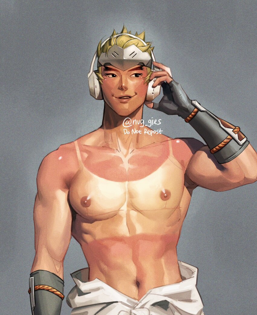 1boy, abs, bara, black_gloves, english_text, fingerless_gloves, genji_(overwatch), gloves