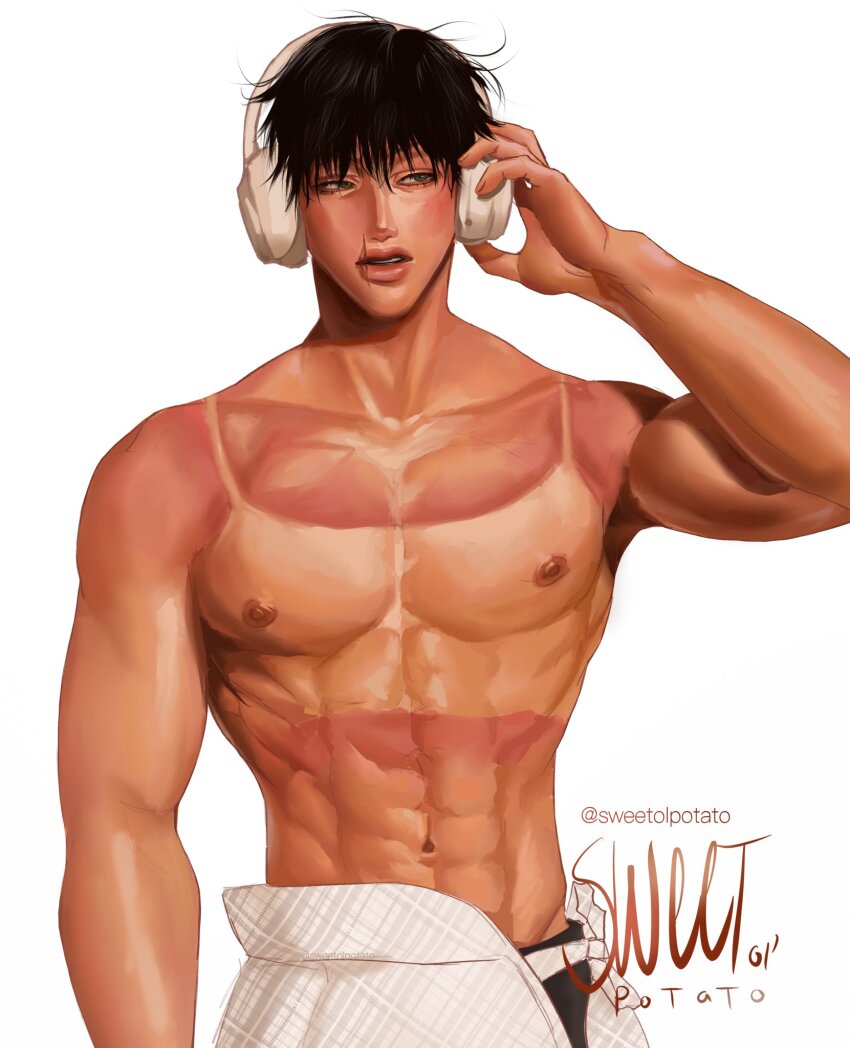 1boy, abs, artist_name, bara, black_hair, black_pants, fushiguro_toji, heat_stroke_photoshoot_(meme)