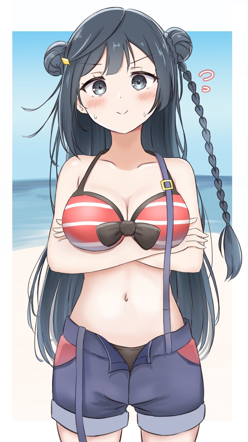1girl, absurdres, arms_under_breasts, beach, bikini, bikini_day, blue_eyes, blue_hair, blush, braid, breasts, cleavage, commentary_request, crossed_arms, double_bun, embarrassed, flying_sweatdrops, hair_bun, hair_ornament, hairclip, highres, iroha_(nami3), large_breasts, light_smile, long_hair, looking_at_viewer, love_live!, love_live!_nijigasaki_high_school_idol_club, navel, red_bikini, shorts, sky, solo, suspender_shorts, suspenders, sweatdrop, swimsuit, very_long_hair, water, white_background, yuki_setsuna