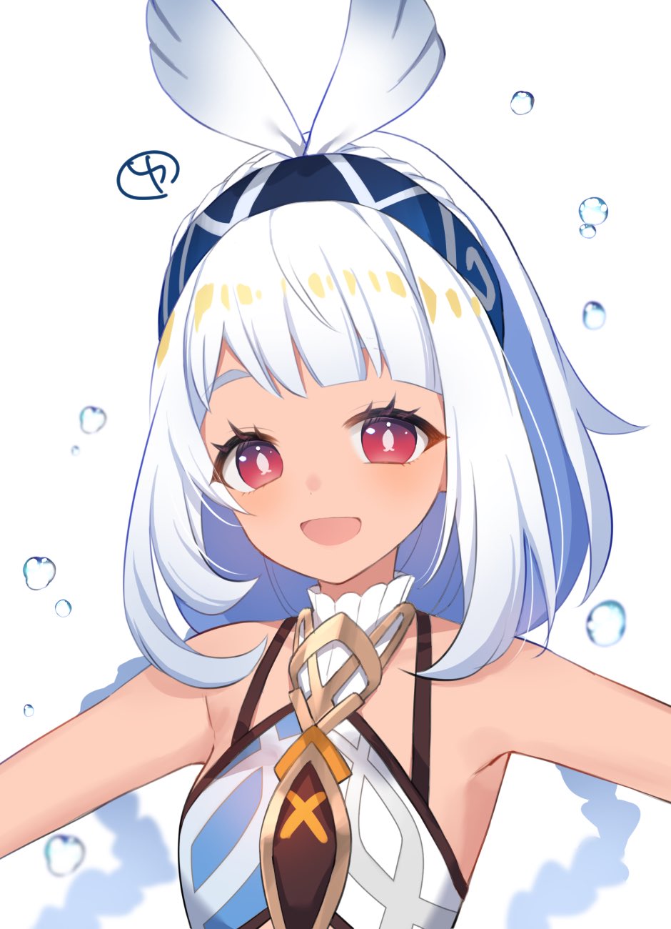 1girl, :d, bare_shoulders, blue_hair, braid, bubble, fish-shaped_pupils, genshin_impact