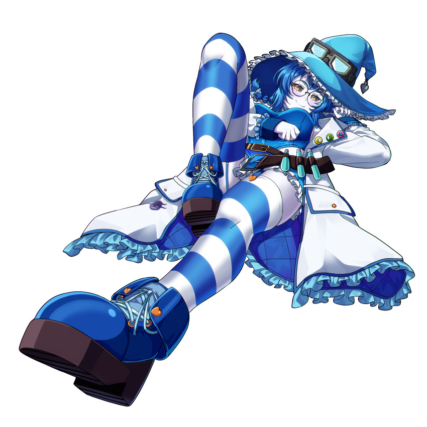 1girl, absurdres, belt, belt_buckle, black_sclera, blue_hair, blue_leotard, blue_nails