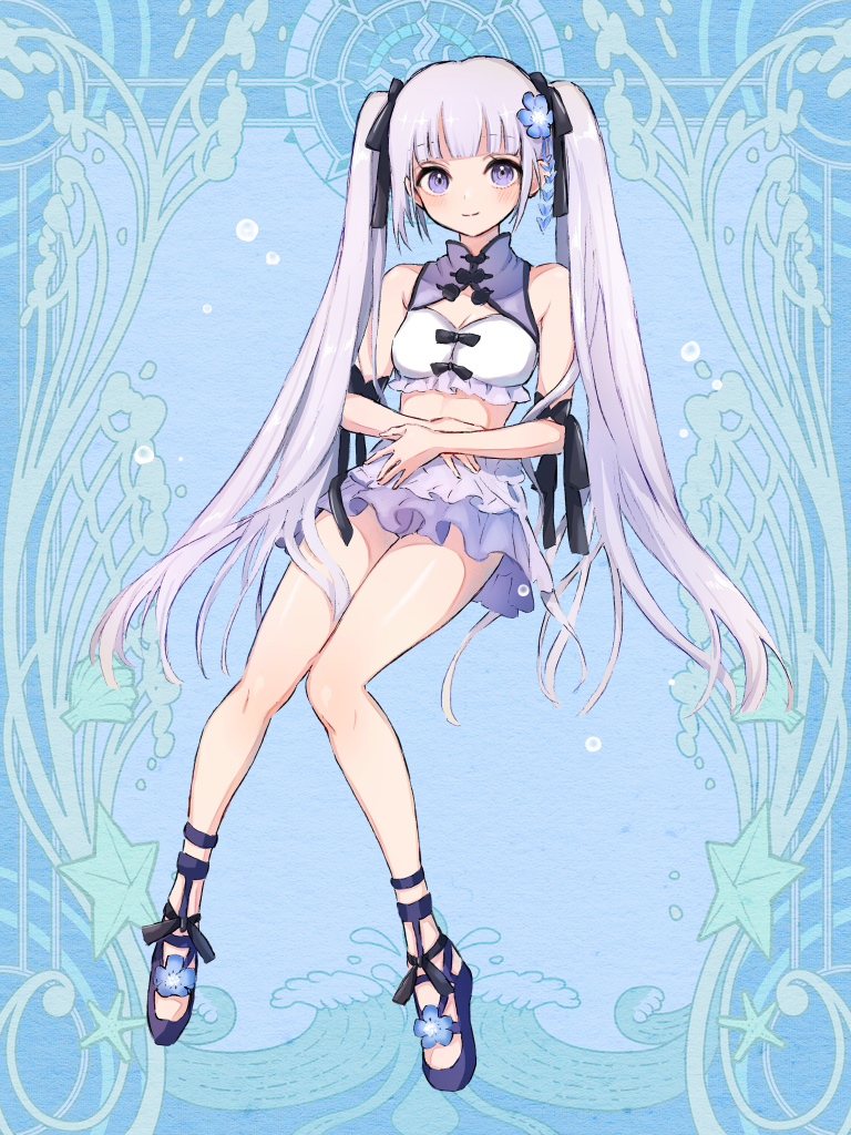 1girl, arisaka_u, arm_ribbon, black_footwear, black_ribbon, blue_background, breasts, cleavage