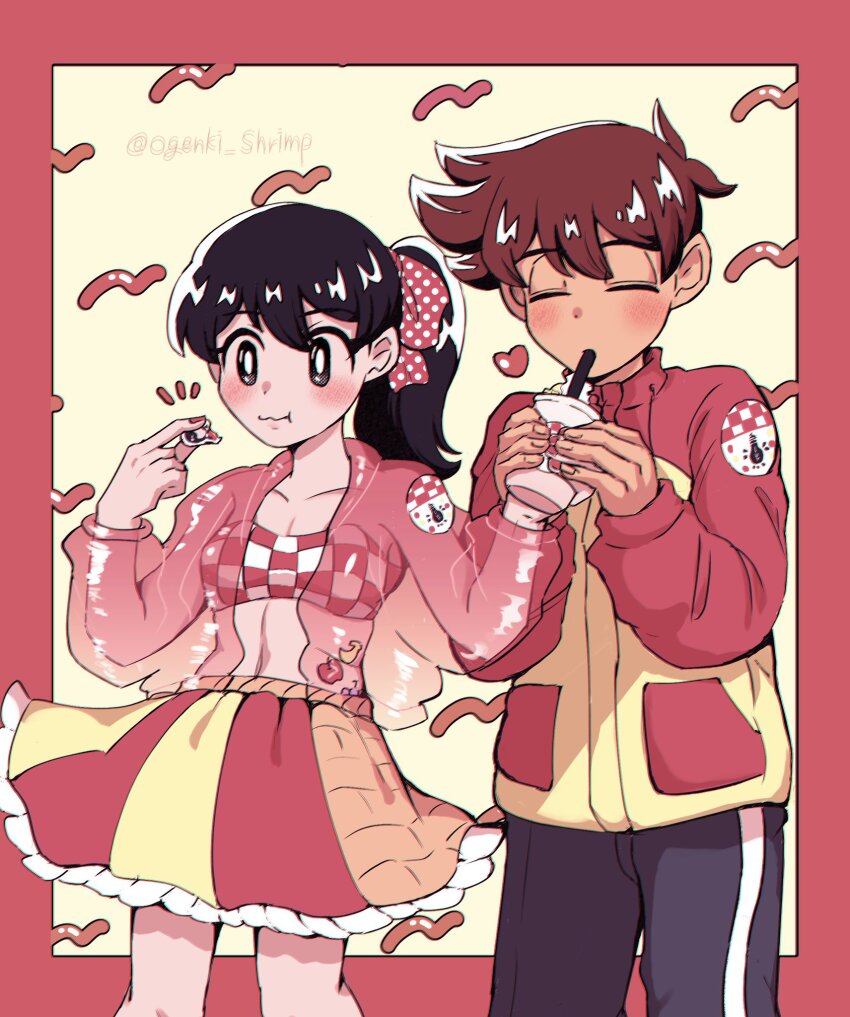 1boy, 1girl, alternate_costume, artist_name, black_eyes, black_hair, black_pants, blush