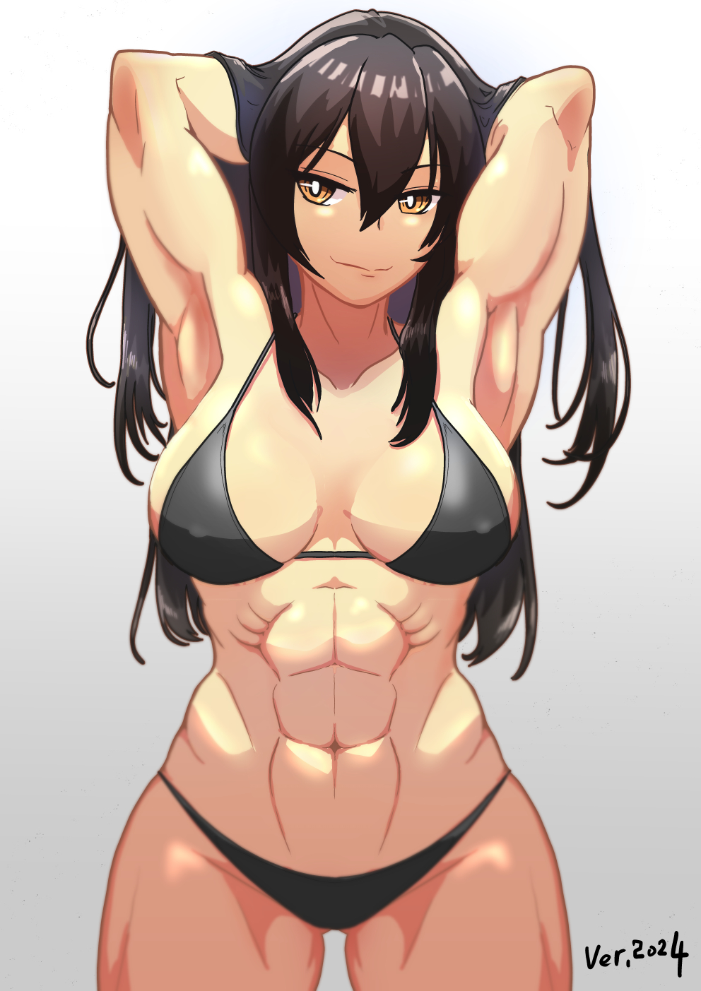 1girl, abs, alternate_costume, alternate_eye_color, alternate_muscle_size, armpits, arms_behind_head, arms_up