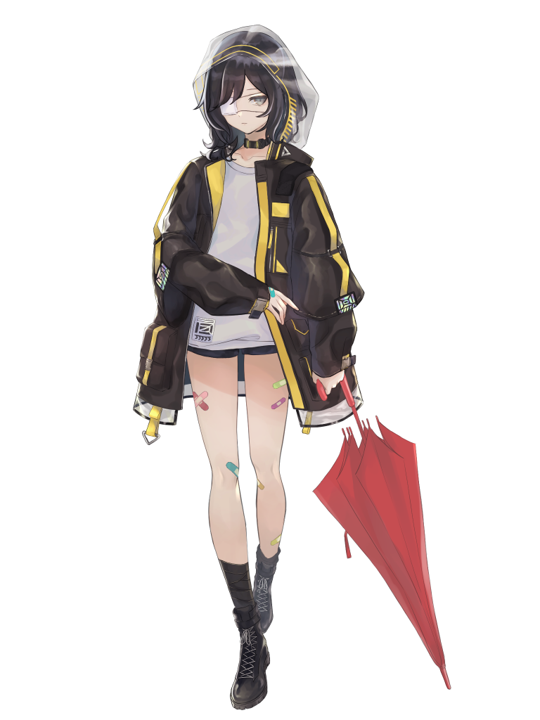1girl, bandaid, bandaid_on_leg, black_coat, black_eyes, black_footwear, black_hair, black_socks, chitose_kazusa, closed_umbrella, coat, cross-laced_footwear, dairoku_ryouhei, eyepatch, full_body, long_sleeves, looking_at_viewer, red_umbrella, shi_sayuri, shirt, short_shorts, shorts, socks, solo, standing, transparent_background, umbrella, white_shirt