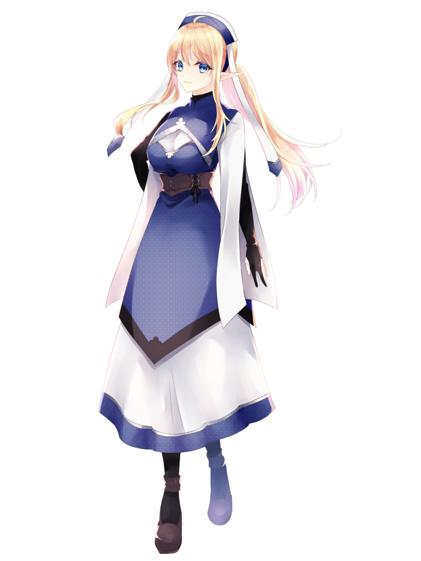 1girl, athena_iris, blonde_hair, blue_dress, blue_eyes, breasts, brown_footwear, cleavage