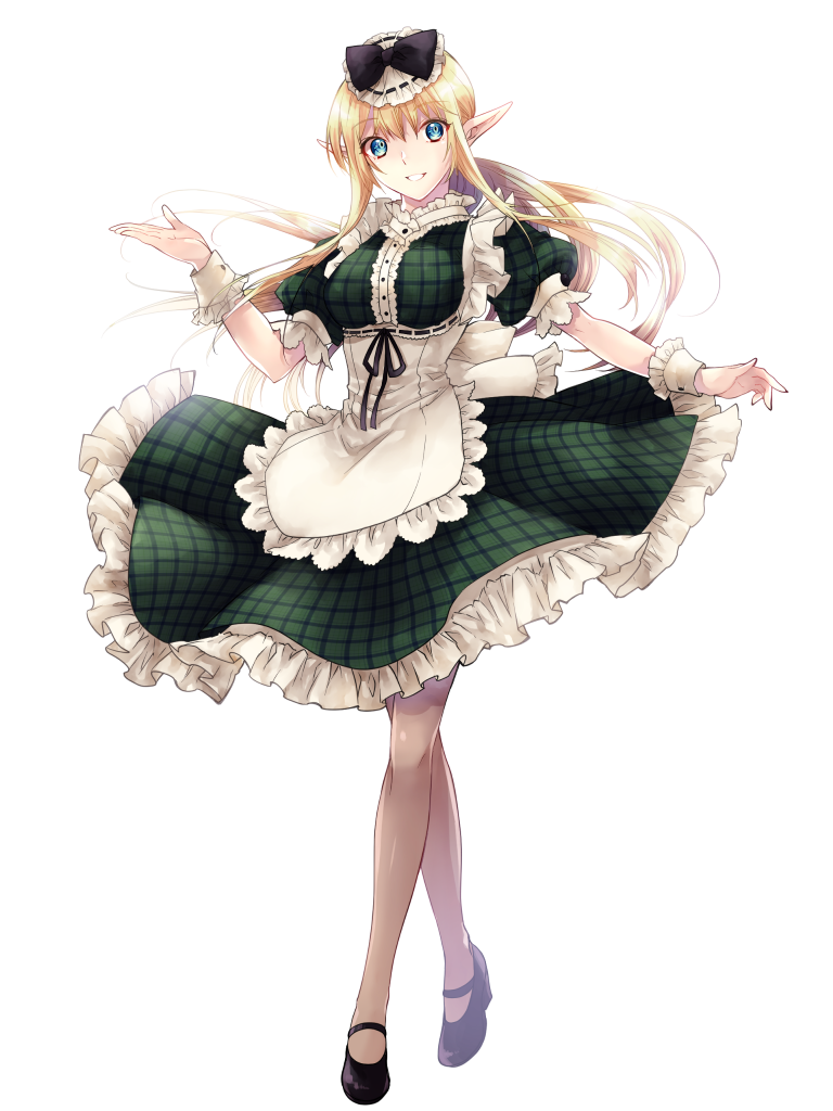 1girl, apron, athena_iris, black_bow, black_footwear, blonde_hair, blue_eyes, bow