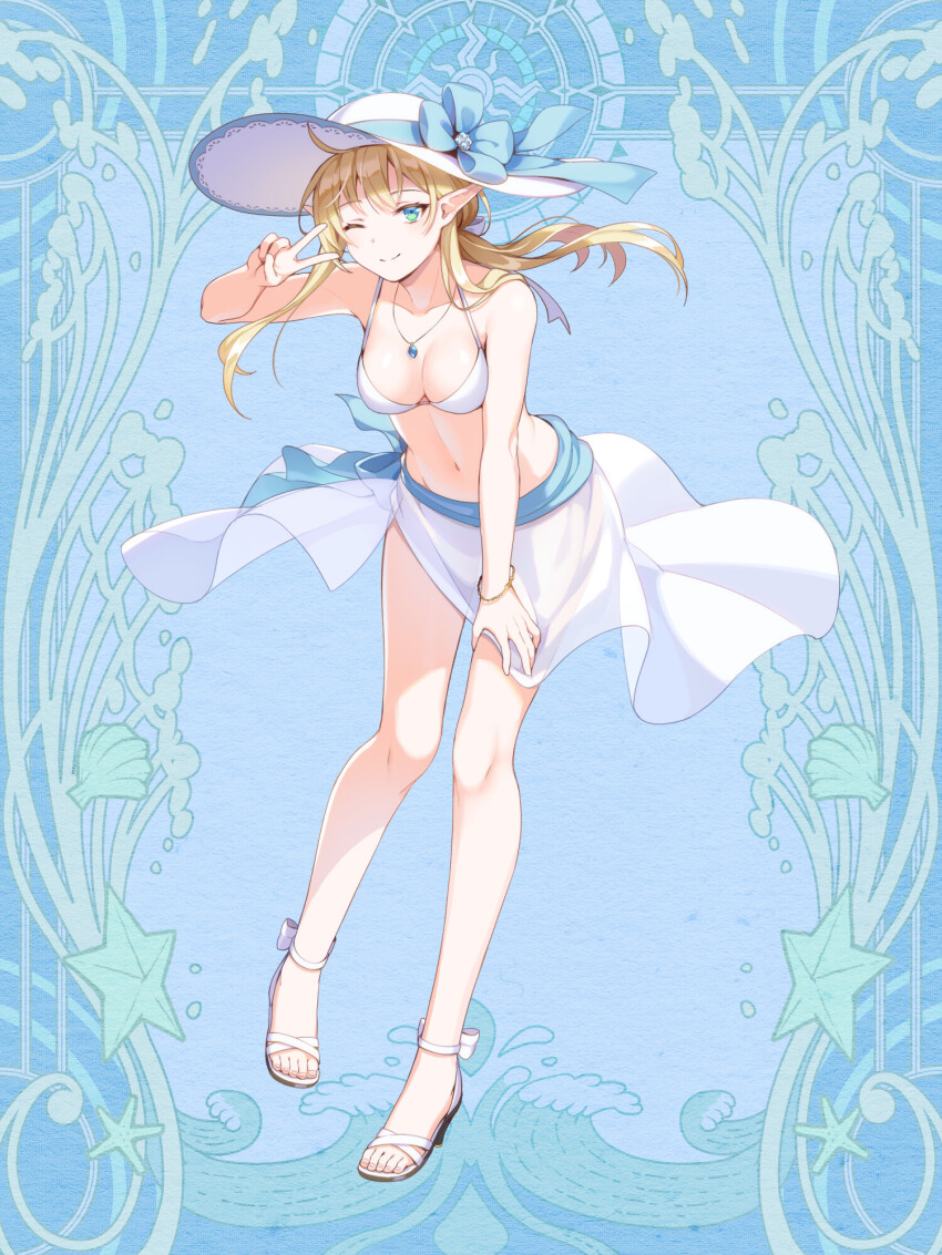 1girl, athena_iris, bikini, blonde_hair, blue_background, blue_bow, blue_eyes, bow, breasts, dairoku_ryouhei, elf, hand_on_own_leg, hat, hat_bow, highres, jewelry, kb_(tw), leaning_forward, long_hair, medium_breasts, navel, necklace, one_eye_closed, pointy_ears, sandals, solo, standing, sun_hat, swimsuit, v, white_bikini, white_hair, wind