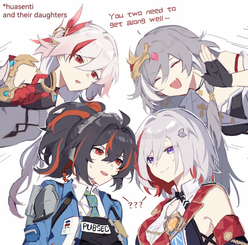 4girls, ?, ??, ^_^, asymmetrical_clothes, black_hair, blue_eyes, blue_jacket