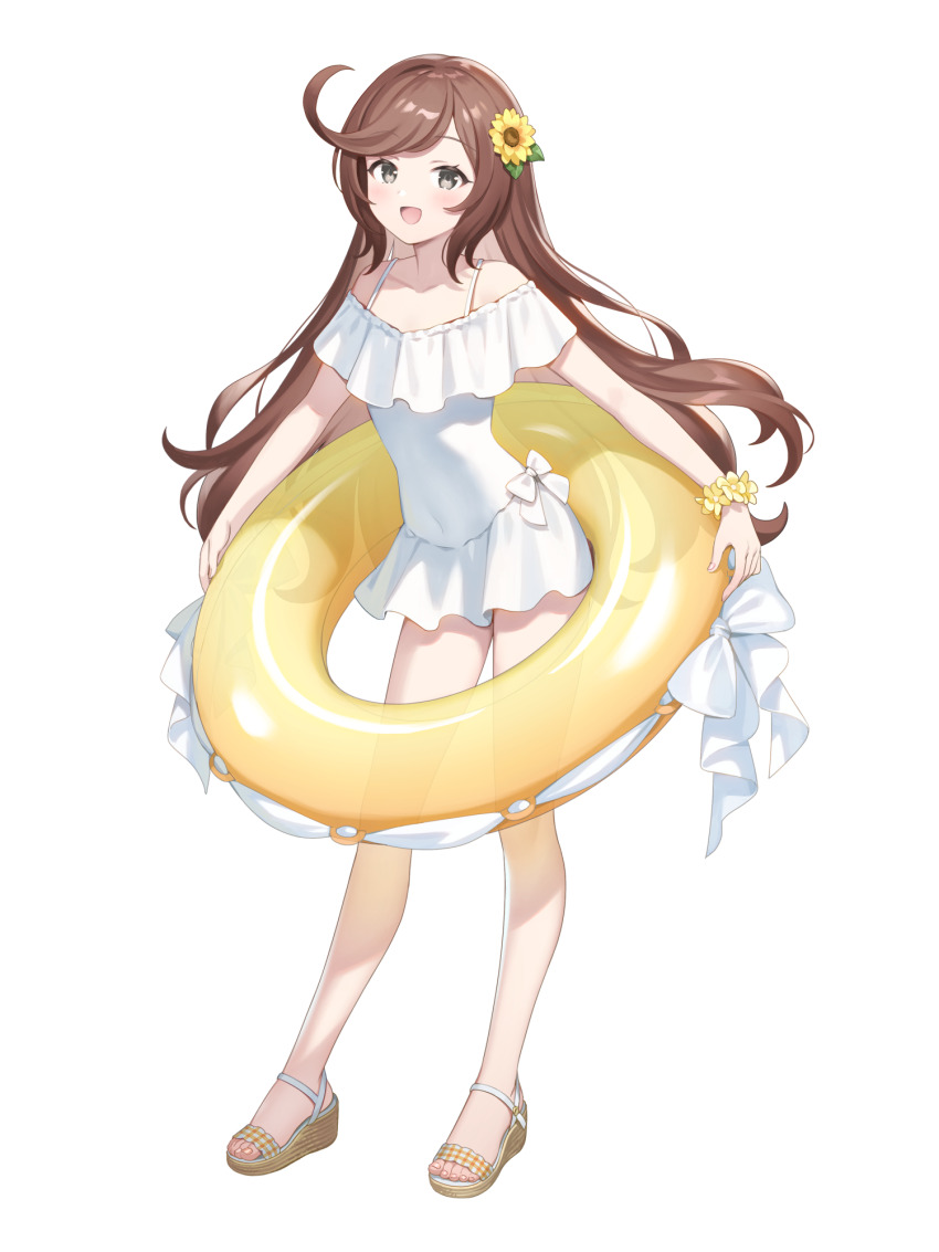 1girl, :d, ahoge, brown_hair, covered_navel, dairoku_ryouhei, flora_ashville, flower, full_body, hair_flower, hair_ornament, highres, holding, holding_swim_ring, innertube, kb_(tw), long_hair, looking_at_viewer, one-piece_swimsuit, open_mouth, sandals, smile, solo, standing, swim_ring, swimsuit, transparent_background, white_one-piece_swimsuit, wristband
