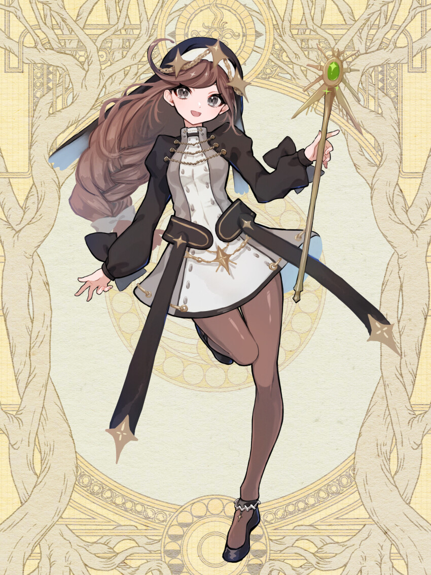 1girl, :d, arisaka_u, black_footwear, black_sleeves, braid, breasts, brown_hair