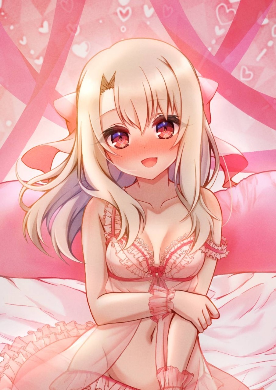 1girl, :d, bed_sheet, blonde_hair, blush, bow, breasts, cleavage, collarbone, fate/kaleid_liner_prisma_illya, fate_(series), floating_hair, groin, hair_between_eyes, hair_bow, heart, highres, illyasviel_von_einzbern, irasuto_neko35, lingerie, long_hair, looking_at_viewer, navel, negligee, off_shoulder, open_mouth, pink_bow, red_eyes, see-through_clothes, small_breasts, smile, solo, underwear, underwear_only, wrist_cuffs