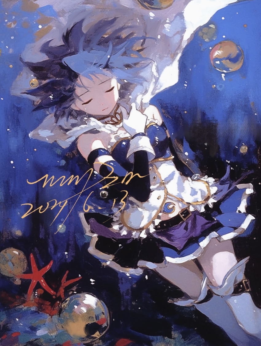 1girl, 2024, blue_hair, blue_skirt, blue_sleeves, boots, cape, closed_eyes