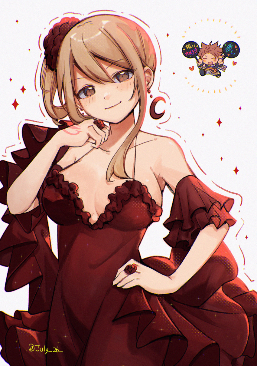 1girl, absurdres, blonde_hair, breasts, brown_eyes, cleavage, detached_sleeves, dress, earrings, fairy_tail, flower, frilled_dress, frills, hair_between_eyes, hair_flower, hair_ornament, hand_on_own_hip, head_tilt, highres, jewelry, large_breasts, long_hair, looking_at_viewer, lucy_heartfilia, natsu_dragneel, ooya_(july_26), red_dress, red_flower, red_sleeves, sideboob, sidelocks, sleeveless, sleeveless_dress, smile, solo, spaghetti_strap, standing, twitter_username, white_background