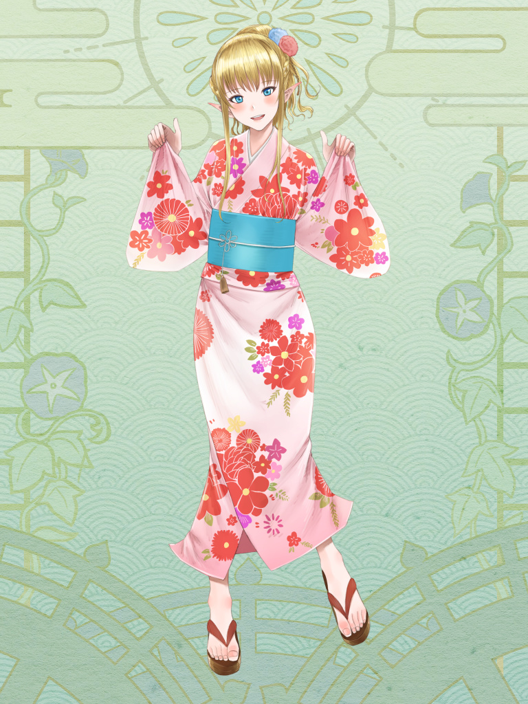 1girl, athena_iris, blue_eyes, blush, braid, dairoku_ryouhei, floral_print, flower, full_body, green_background, hair_flower, hair_ornament, hair_up, hirano_(fireworks), japanese_clothes, kimono, long_hair, obi, pointy_ears, print_kimono, sandals, sash, sidelocks, smile, solo, standing, wide_sleeves