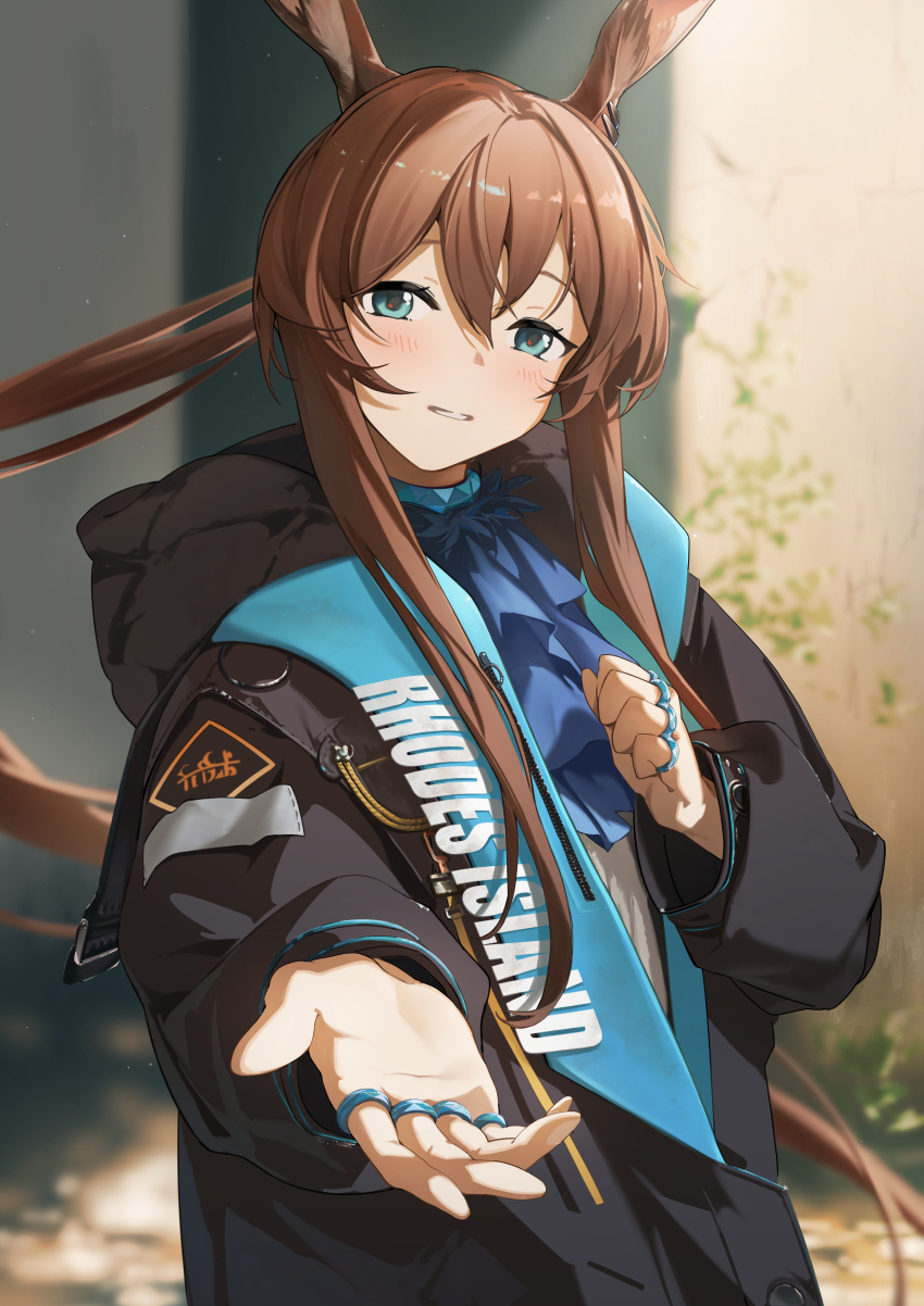 1girl, absurdres, amiya_(arknights), animal_ears, arknights, ascot, black_coat, blue_ascot