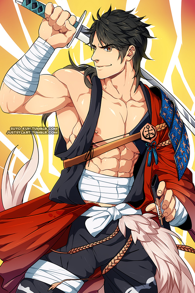1boy, abs, artist_collaboration, bandaged_arm, bandaged_waist, bandages, black_hair, black_pants