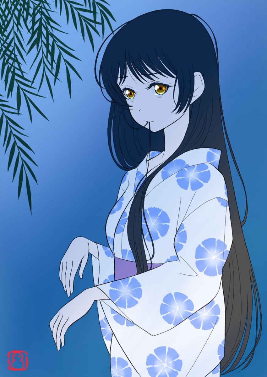 1girl, black_hair, blue_background, commentary_request, floral_print, floral_print_kimono, hair_in_own_mouth, hazuki_ren, highres, japanese_clothes, kimono, leaf, long_hair, love_live!, love_live!_superstar!!, miyabisetu, plant, print_kimono, signature, solo, very_long_hair, white_kimono, yellow_eyes
