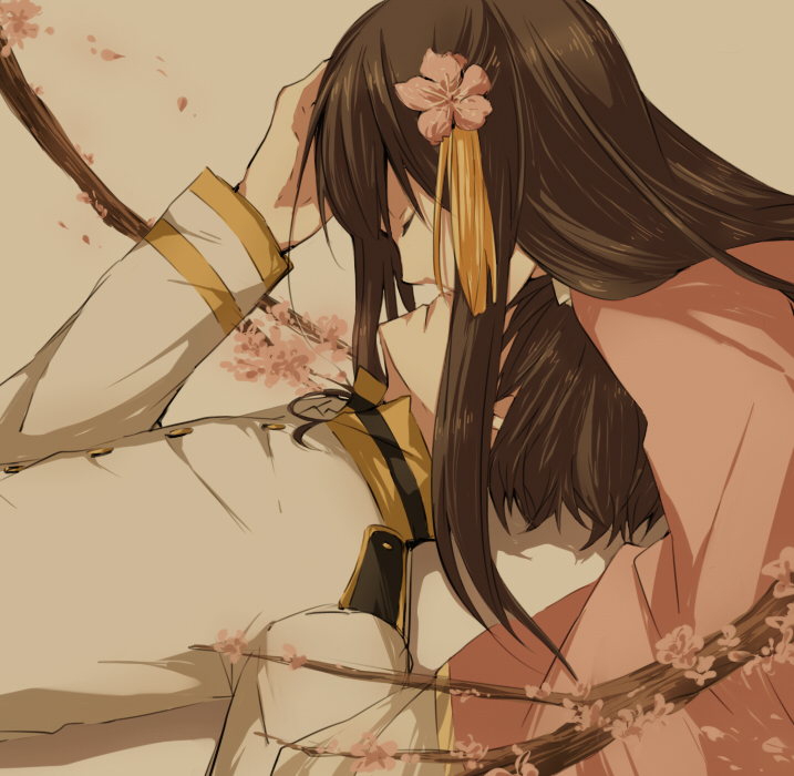 1boy, 1girl, axis_powers_hetalia, black_hair, branch, brown_hair, cherry_blossoms, chinese_clothes
