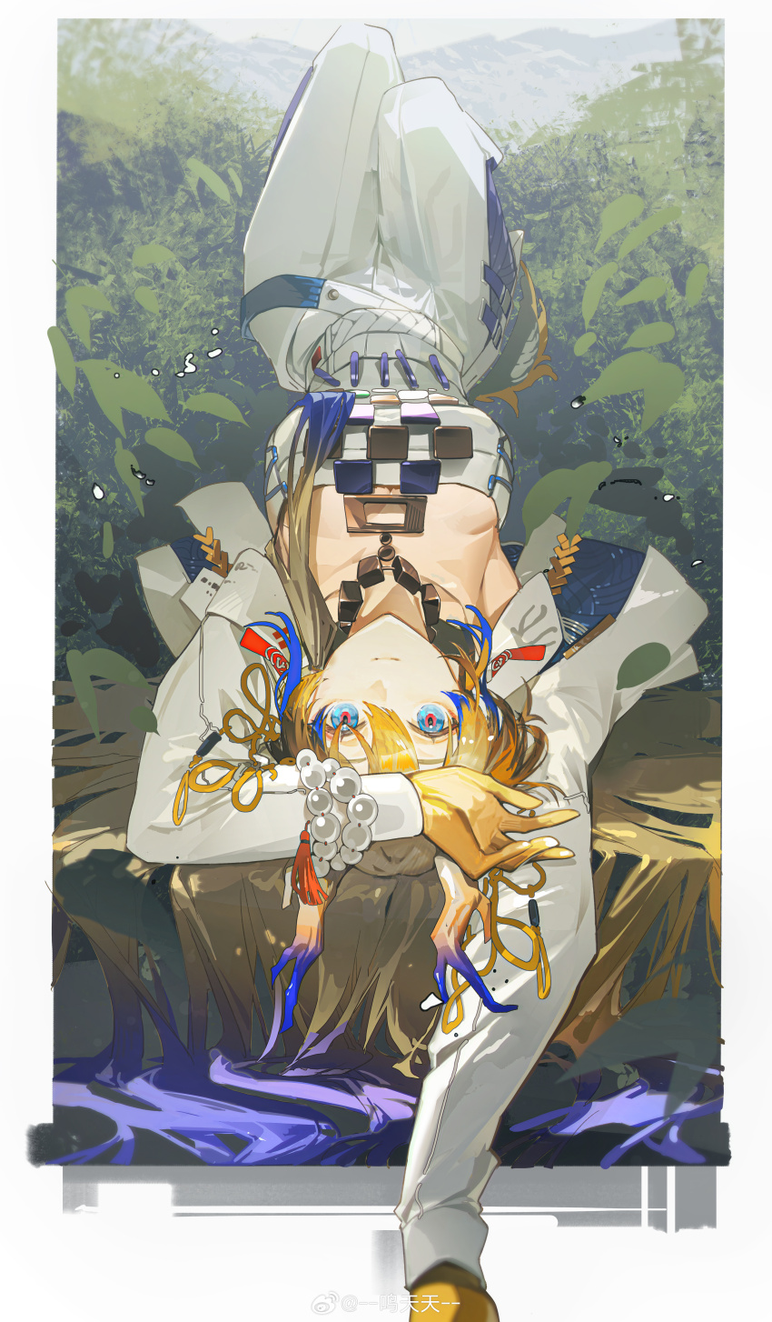 1girl, absurdres, arknights, arm_above_head, arm_over_head, arm_up, beads, belt