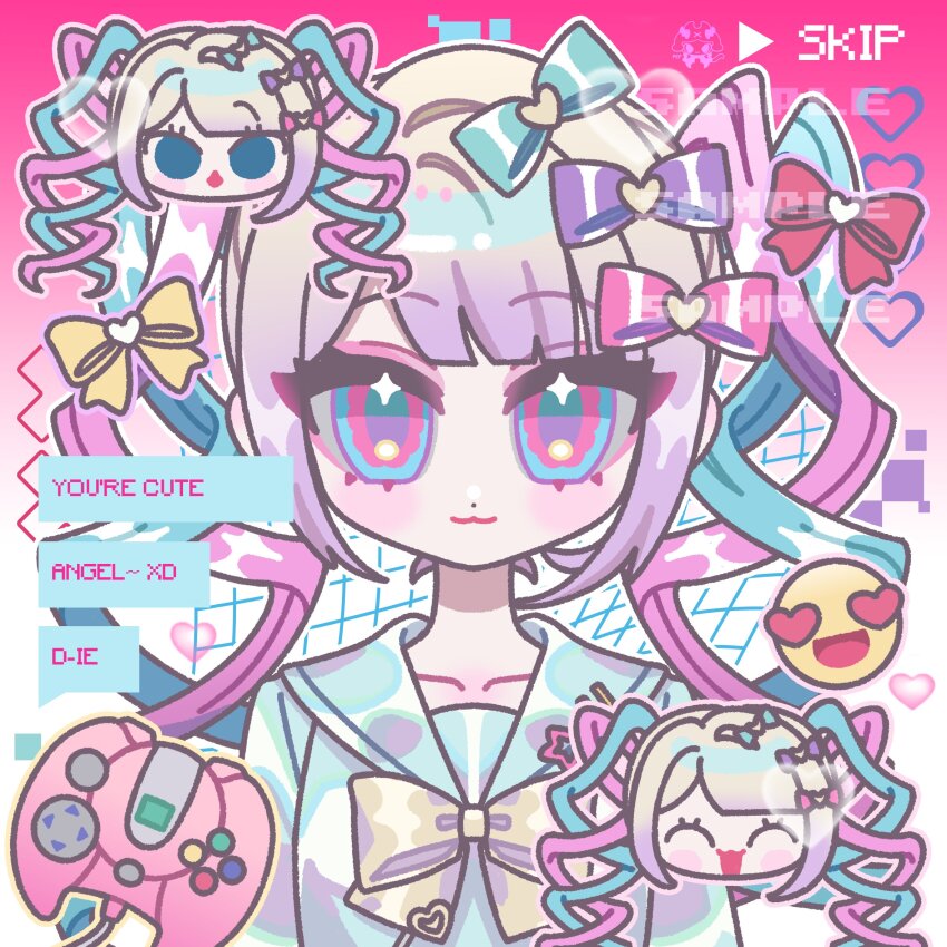 1girl, blonde_hair, blue_bow, blue_eyes, blue_hair, bow, chat_log, chibi, chibi_inset, chouzetsusaikawa_tenshi-chan, closed_mouth, commentary, controller, emoji, english_text, game_controller, gradient_hair, hair_bow, hair_ornament, heart, heart_hair_ornament, highres, long_hair, looking_at_viewer, multicolored_hair, multiple_hair_bows, needy_girl_overdose, pepparuru, pink_background, pink_bow, pink_hair, purple_bow, purple_hair, quad_tails, sailor_collar, sample_watermark, smile, solo, speech_bubble, straight-on, untranslatable_commentary, upper_body, watermark, yellow_bow