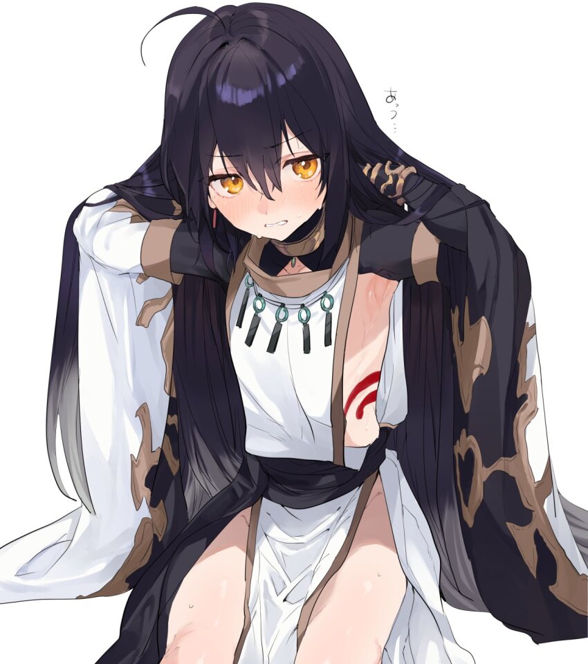 1other, ahoge, androgynous, armpits, black_hair, blush, earrings, fate/samurai_remnant, fate_(series), feet_out_of_frame, floating_earrings, gradient_hair, grey_hair, hair_between_eyes, highres, ipp0, jewelry, long_hair, looking_at_viewer, multicolored_hair, orange_eyes, pelvic_curtain, sideless_outfit, simple_background, sitting, sweat, sweatdrop, thighs, very_long_hair, white_background, yamato_takeru_(fate), yamato_takeru_(third_ascension)_(fate)