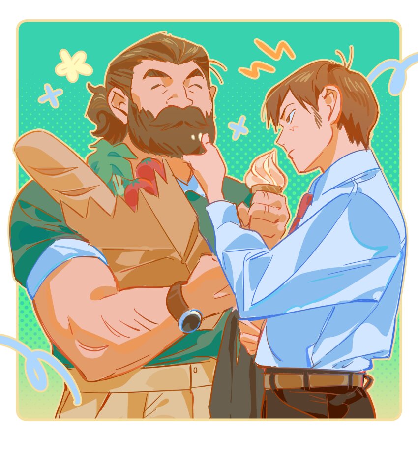 2boys, ^_^, absurdres, alternate_beard_length, alternate_hairstyle, bag, baguette, beard, black_pants, border, bread, brown_eyes, brown_hair, chilchuck_tims, clickuu, closed_eyes, collared_shirt, commentary, contemporary, dungeon_meshi, english_commentary, facial_hair, flower_symbol, food, frown, green_background, green_shirt, grocery_bag, highres, holding, holding_bag, holding_food, holding_ice_cream, ice_cream, ice_cream_cone, male_focus, multiple_boys, muscular, muscular_male, mustache, necktie, pants, ponytail, red_necktie, senshi_(dungeon_meshi), shirt, shirt_tucked_in, shopping_bag, short_hair, sideburns, sleeves_rolled_up, tomato, upper_body, watch, white_border, white_shirt, wristwatch
