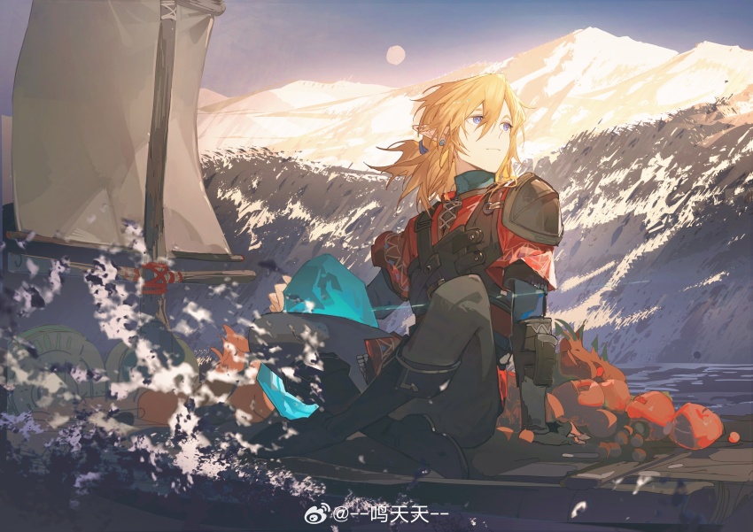 1boy, absurdres, apple, armor, black_boots, black_pants, blonde_hair, boat