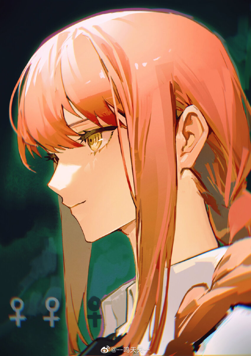1girl, chainsaw_man, chinese_commentary, chromatic_aberration, close-up, closed_mouth, collared_shirt, commentary_request