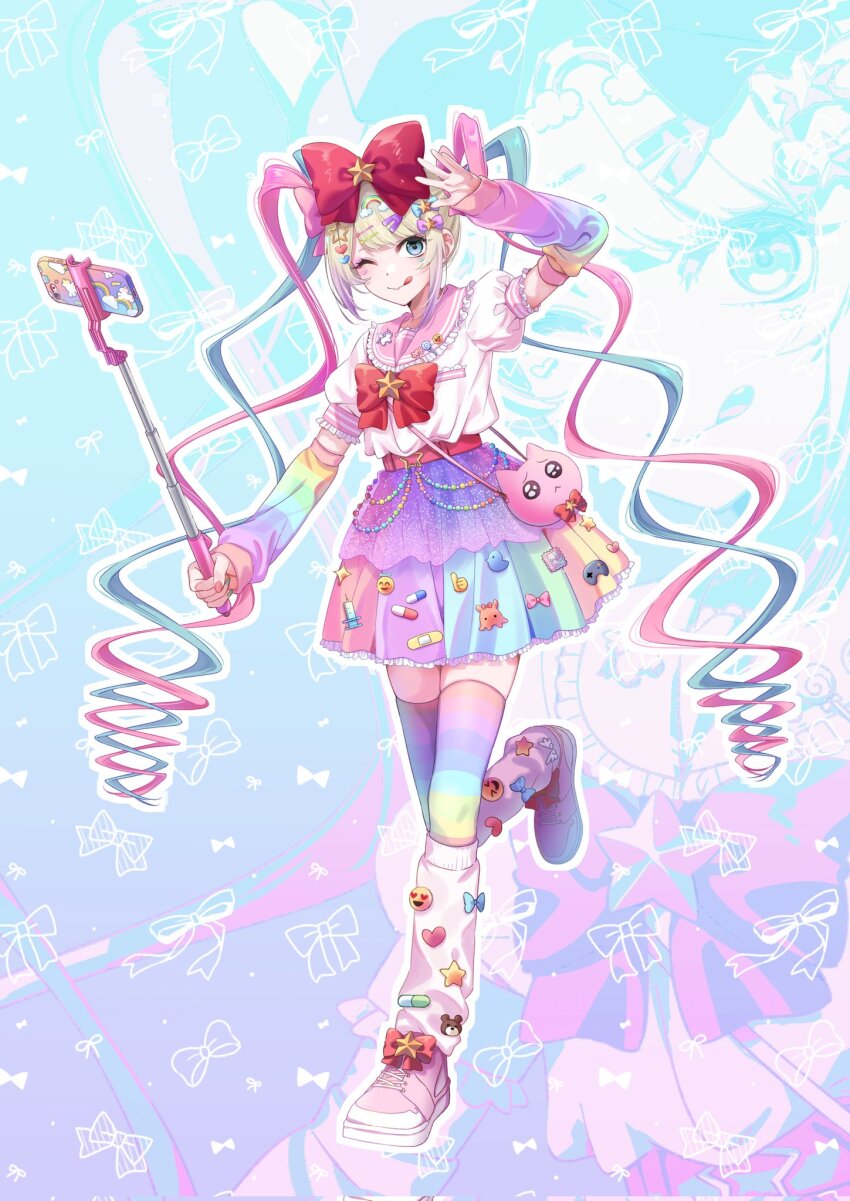 1girl, arm_warmers, bag, belt, blue_eyes, blue_hair, bow, brooch, cellphone, chouzetsusaikawa_tenshi-chan, chouzetsusaikawa_tenshi-chan_(nidiga_tozai), commentary_request, corrupted_twitter_file, decora, facial_mark, frilled_skirt, frills, full_body, gradient_hair, hair_bow, hair_ornament, hairclip, hand_up, heart, heart_facial_mark, highres, hirayama_kanna, jewelry, leg_warmers, light_brown_hair, long_hair, multicolored_hair, multicolored_skirt, nail_polish, needy_girl_overdose, official_art, one_eye_closed, outline, phone, pien_cat_(needy_girl_overdose), pill, pink_bag, pink_belt, pink_hair, pink_leg_warmers, pink_nails, pink_sailor_collar, pink_shoes, pleated_skirt, puffy_short_sleeves, puffy_sleeves, quad_tails, rainbow_arm_warmers, rainbow_hair_ornament, rainbow_thighhighs, red_bow, sailor_collar, second-party_source, selfie_stick, shirt, shoes, short_sleeves, shoulder_bag, sidelocks, skirt, smartphone, solo, star_brooch, syringe, thighhighs, very_long_hair, white_outline, white_shirt, zettai_ryouiki, zoom_layer