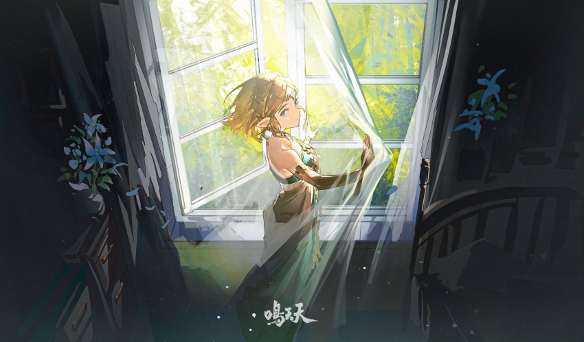 1girl, absurdres, bare_shoulders, blonde_hair, blue_eyes, blue_flower, braid, chest_of_drawers