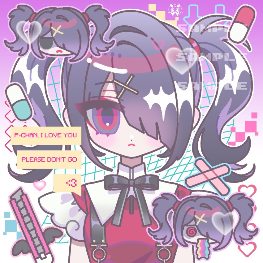 1girl, @_@, ame-chan_(needy_girl_overdose), black_eyes, black_hair, black_ribbon, boxcutter, chibi, chibi_inset, closed_mouth, collared_shirt, commentary, english_text, hair_ornament, hair_over_one_eye, highres, long_hair, looking_at_viewer, neck_ribbon, needy_girl_overdose, open_mouth, pepparuru, pill, purple_background, red_shirt, ribbon, sample_watermark, shaded_face, shirt, solo, speech_bubble, straight-on, suspenders, untranslatable_commentary, twintails, upper_body, vomiting_rainbows, watermark, x_hair_ornament
