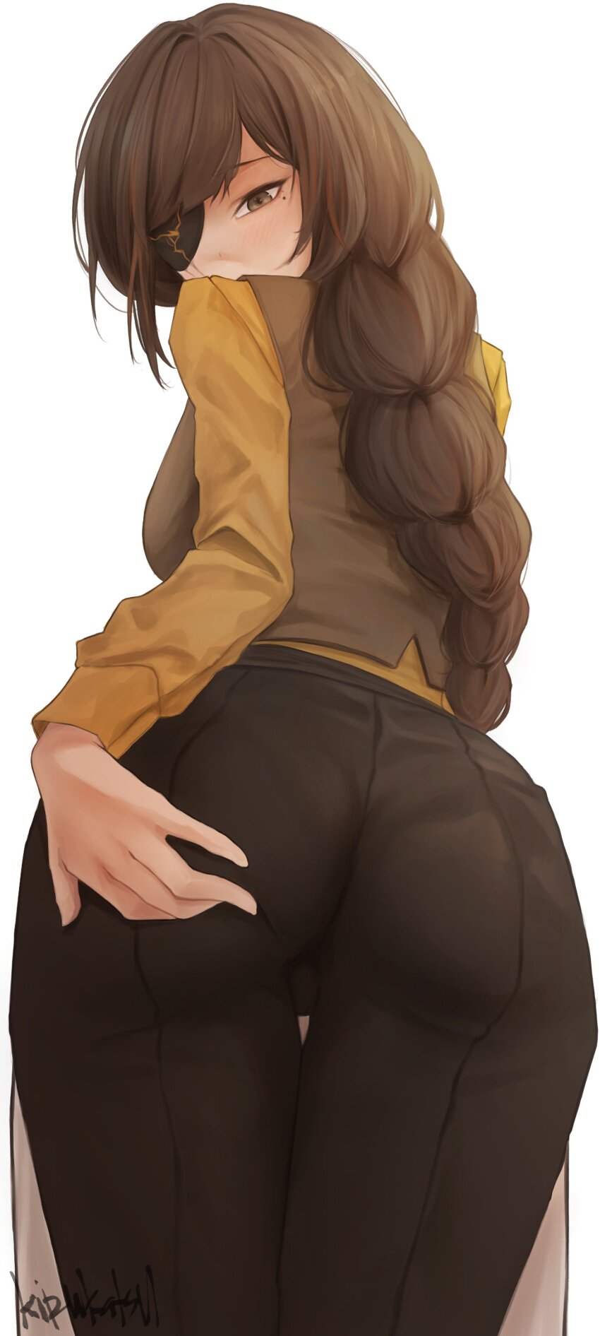 1girl, absurdres, artist_name, ass, black_pants, braid, braided_ponytail, brown_eyes, brown_hair, brown_vest, commentary, cowboy_shot, english_commentary, eyepatch, from_behind, girls'_frontline, hand_on_own_ass, highres, kirukatsu, long_hair, looking_at_viewer, looking_back, m16a1_(fairy_kingdom_brew)_(girls'_frontline), m16a1_(girls'_frontline), multicolored_hair, official_alternate_costume, orange_hair, pants, scar, scar_across_eye, scar_on_face, shirt, simple_background, single_braid, solo, streaked_hair, vest, white_background, yellow_shirt