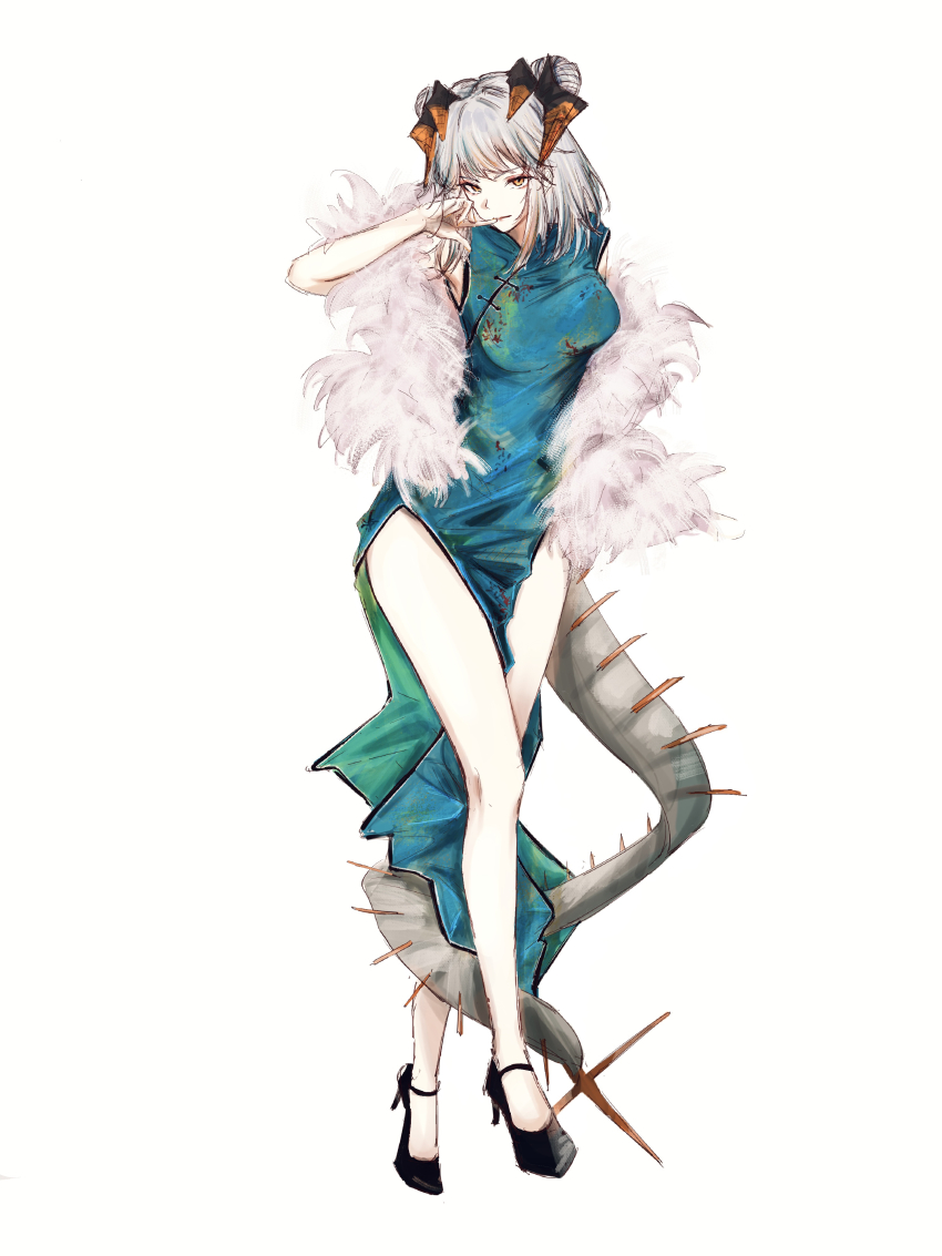 1girl, absurdres, alternate_costume, aqua_dress, arknights, arm_up, black_horns, black_shoes, cheddar_n, china_dress, chinese_clothes, commentary_request, dress, finger_to_mouth, full_body, fur_(clothing), grey_hair, grey_horns, grey_tail, high_heels, highres, horns, looking_at_viewer, medium_hair, orange_eyes, orange_horns, saria_(arknights), shoes, side_slit, simple_background, sketch, sleeveless, sleeveless_dress, solo, spiked_tail, standing, tail, white_background