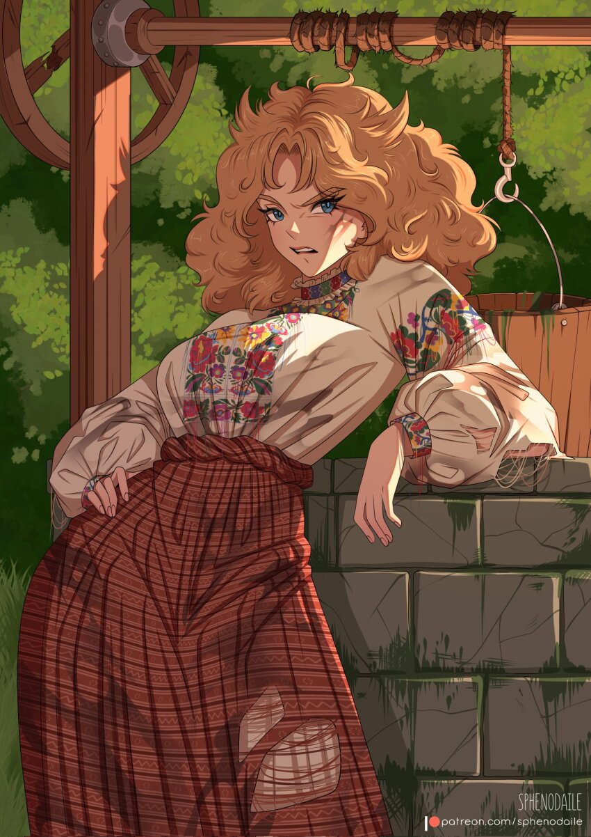 1girl, annoyed, blue_eyes, bucket, gloves, hand_on_own_hip, highres, looking_to_the_side, messy_hair, original, red_skirt, shirt, skirt, slavic_clothes, sphenodaile, standing, torn_clothes, torn_gloves, traditional_clothing, vyshyvanka, well, white_shirt, wooden_bucket