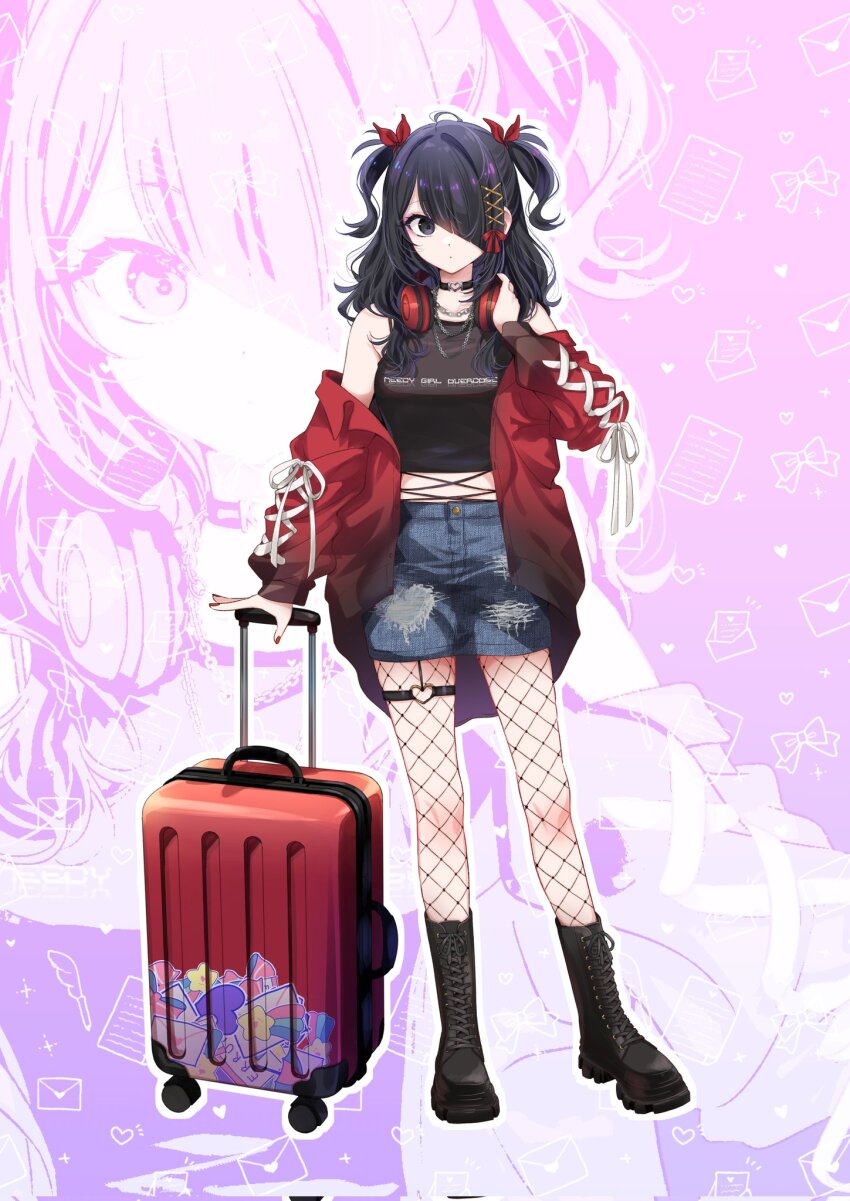 1girl, ame-chan_(needy_girl_overdose), ame-chan_(nidiga_tozai)_(needy_girl_overdose), bag, black_boots, black_choker, black_eyes, black_hair, black_ribbon, black_shirt, blue_shorts, boots, breasts, chain, chain_necklace, choker, copyright_name, fishnets, full_body, hair_ornament, hair_over_one_eye, hair_ribbon, headphones, headphones_around_neck, heart, heart_choker, highres, hirayama_kanna, jacket, jewelry, lace-up_boots, long_hair, long_sleeves, looking_at_viewer, medium_breasts, midriff, necklace, needy_girl_overdose, off_shoulder, official_art, open_clothes, open_jacket, red_bag, red_jacket, ribbon, rolling_suitcase, second-party_source, shirt, shorts, sleeveless, sleeveless_shirt, solo, suitcase, thigh_strap, two_side_up, x_hair_ornament, zoom_layer