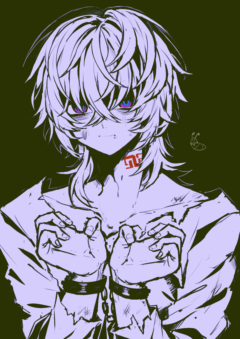 1boy, aventurine_(honkai:_star_rail), collarbone, crossed_bangs, cuffs, green_background, handcuffs, honkai:_star_rail, honkai_(series), injury, kakavasha_(honkai:_star_rail), kurogane_syu, limited_palette, long_sleeves, looking_at_viewer, male_focus, medium_hair, neck_tattoo, ringed_eyes, shirt, short_hair, simple_background, solo, tattoo, torn_clothes, torn_shirt, upper_body