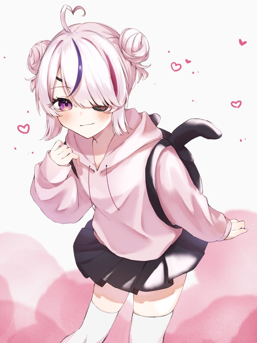 1girl, ahoge, animal_bag, backpack, bag, blush, closed_mouth, double_bun, eyepatch, hair_bun, heart, heart_ahoge, highres, hood, hoodie, looking_at_viewer, loving_aura, maria_marionette, nijisanji, nijisanji_en, nnnuts2, pink_eyes, pink_hair, pink_hoodie, pleated_skirt, rabbit_bag, short_hair, skirt, solo, thighhighs, virtual_youtuber, white_thighhighs