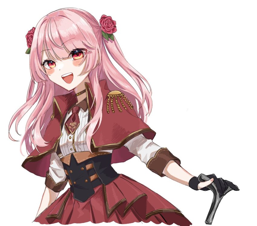 1girl, blush, cane, epaulettes, flower, gloves, hair_flower, hair_ornament