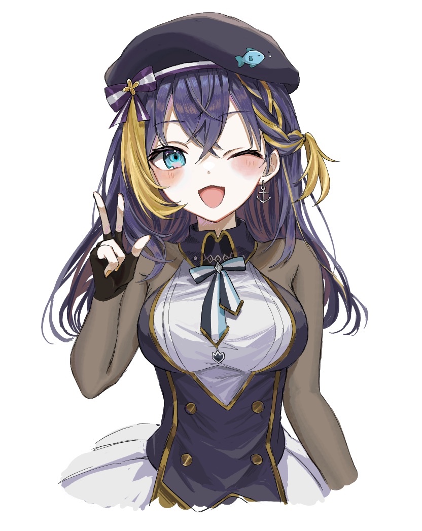 1girl, anchor_earrings, beret, black_hair, blue_eyes, blush, bodystocking, braid, breasts, earrings, fingerless_gloves, fish_hat_ornament, gloves, hat, jewelry, looking_at_viewer, medium_breasts, multicolored_hair, nijisanji, nijisanji_en, nnnuts2, one_eye_closed, open_mouth, petra_gurin, petra_gurin_(2nd_costume), simple_background, single_earring, solo, streaked_hair, v, virtual_youtuber, white_background