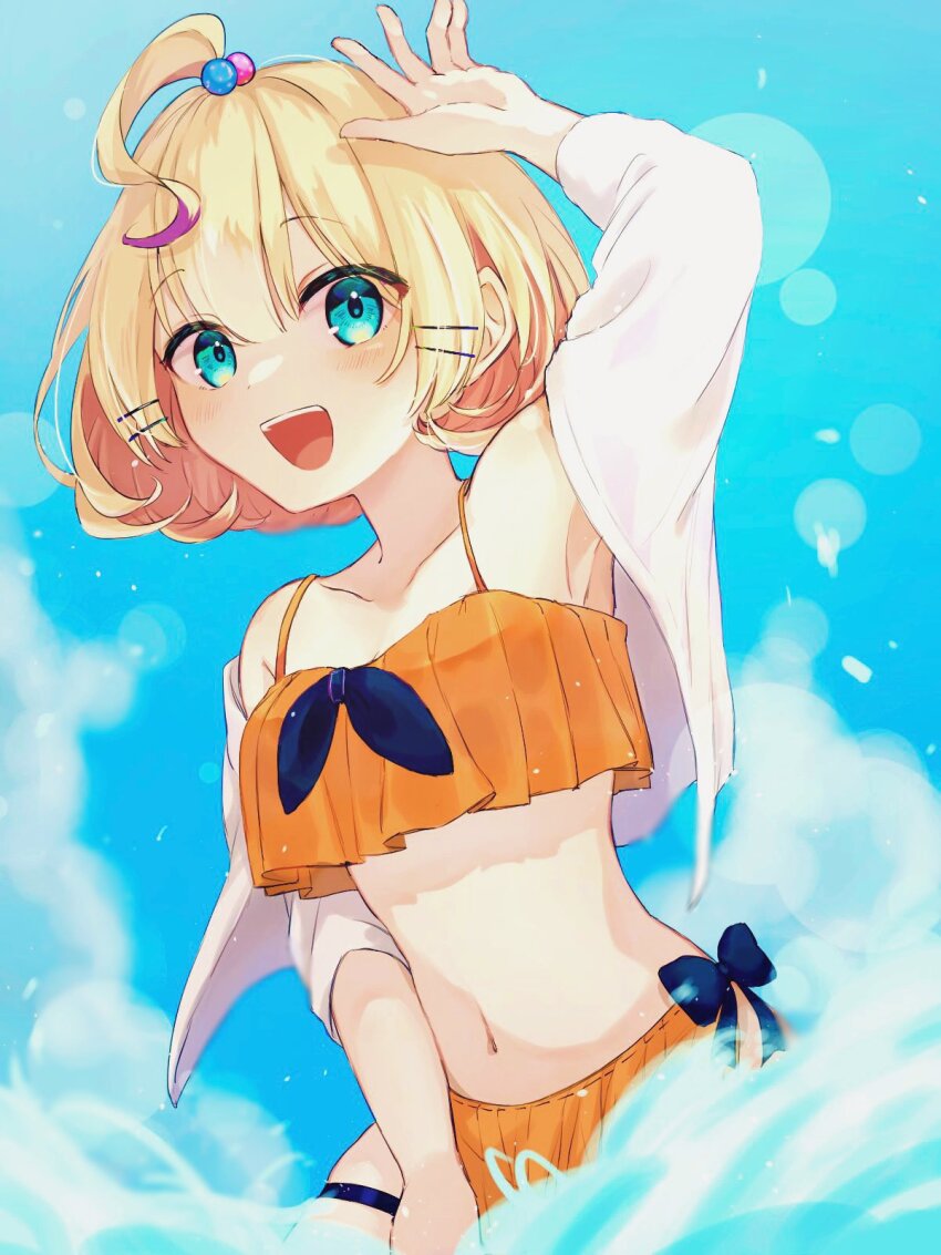 1girl, aqua_eyes, arm_up, beads, bikini, blonde_hair, blush, bob_cut