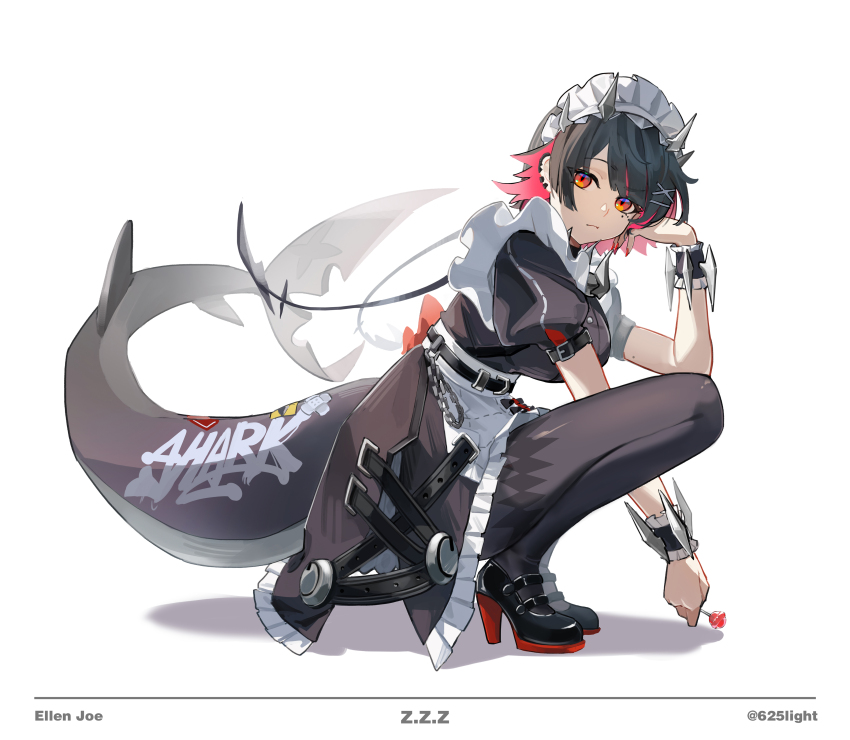 1girl, 625light, absurdres, black_hair, black_shoes, character_name, commentary, copyright_name, ellen_joe, fins, fish_tail, highres, looking_at_viewer, maid, maid_headdress, multicolored_hair, nail_polish, puffy_short_sleeves, puffy_sleeves, red_hair, shark_girl, shark_tail, shoes, short_hair, short_sleeves, simple_background, solo, squatting, tail, twitter_username, two-tone_hair, white_background, zenless_zone_zero