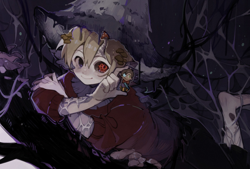 1boy, animification, brown_hair, character_doll, doll, goodtimeswithscar, grian_(mother_spore)_(hermitcraft), grian_(youtuber), hermitcraft, heterochromia, holding, horror_(theme), luminous_slime, male_focus, minecraft_youtube, monster_boy, mushroom, mushroom_hat, purple_eyes, red_eyes, red_sweater, short_hair, smile, solo, sweater, wings