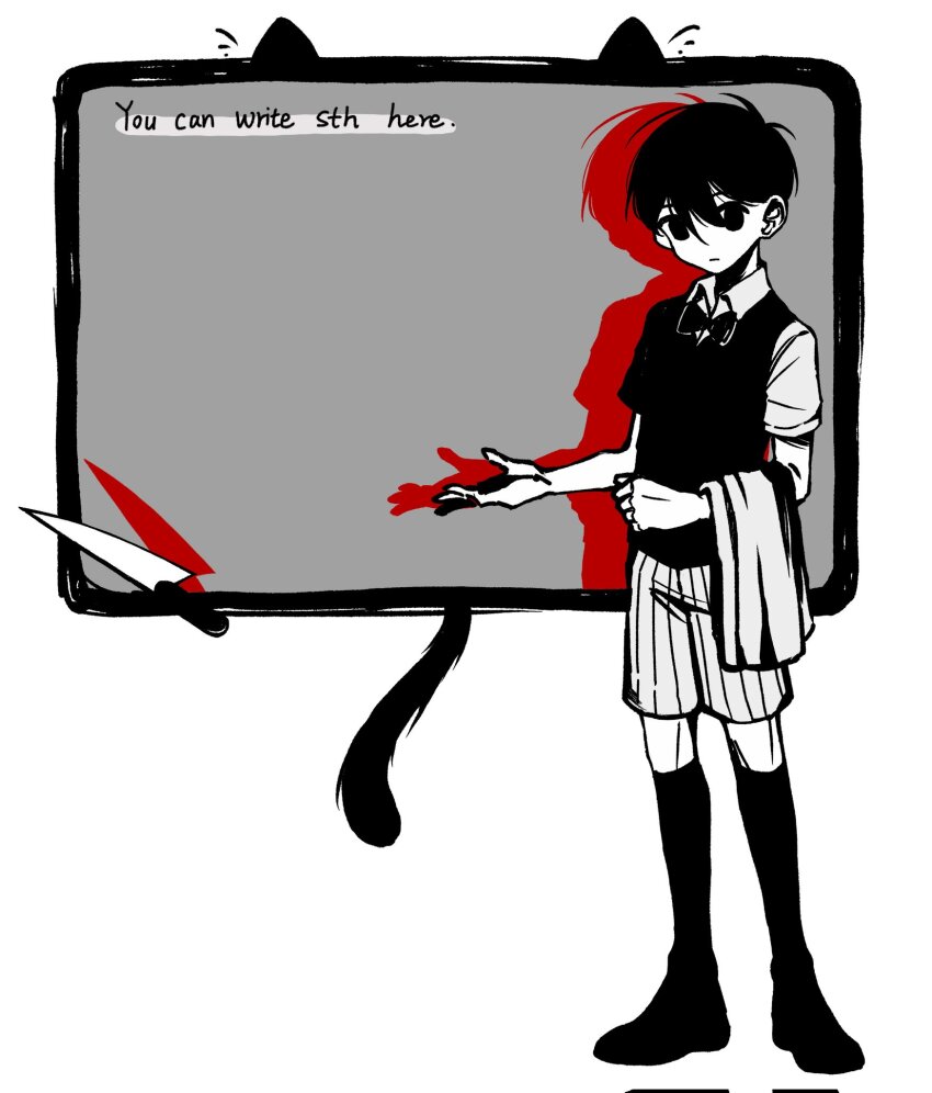 1boy, black_bow, black_bowtie, black_eyes, black_hair, black_thighhighs, bow, bowtie