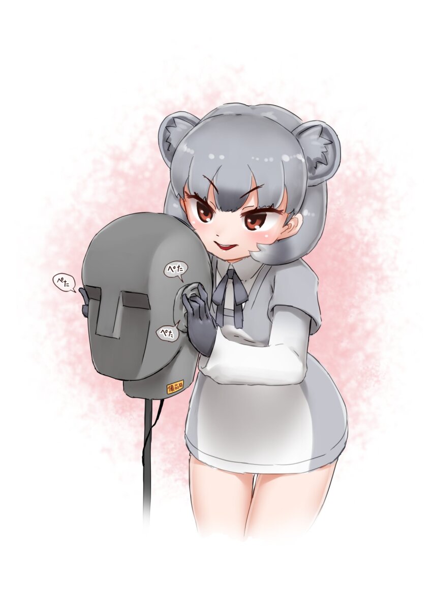 1girl, animal_ears, asmr, binaural_microphone, blush, collared_shirt, cowboy_shot, dress