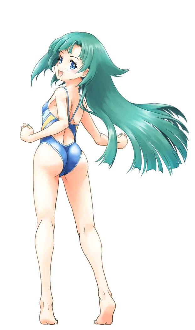 1girl, ass, blue_eyes, blue_one-piece_swimsuit, blush, breasts, from_behind, green_hair