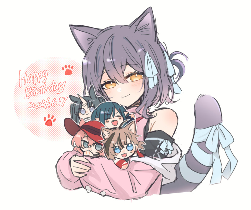 1girl, :3, animal_ears, arknights, blue_bow, blue_hair, blush, bow